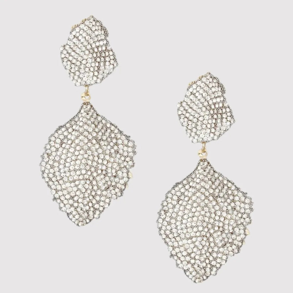 Wavy Petal Leaf Gold-Plated Earrings with Clear Rhinestones