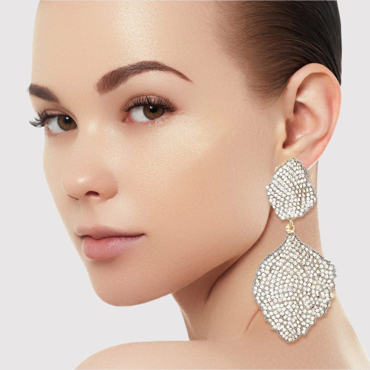 Wavy Petal Leaf Gold-Plated Earrings with Clear Rhinestones Jewelry Bubble