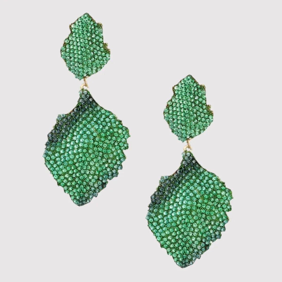 Wavy Petal Leaf Gold-Plated Earrings with Green Rhinestones