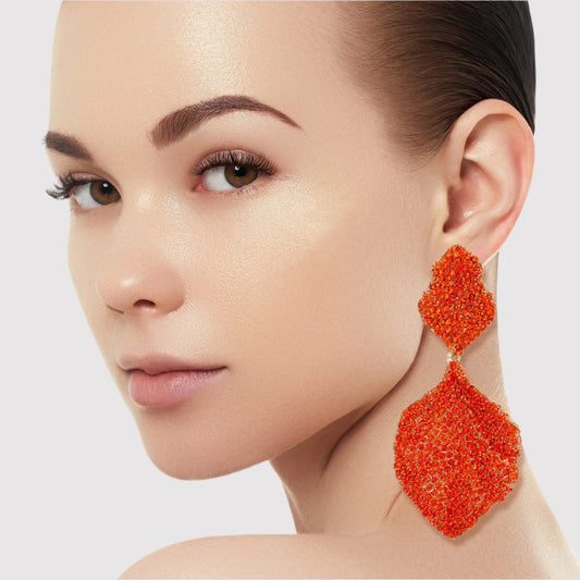 Wavy Petal Leaf Gold-Plated Earrings with Orange Rhinestones Jewelry Bubble