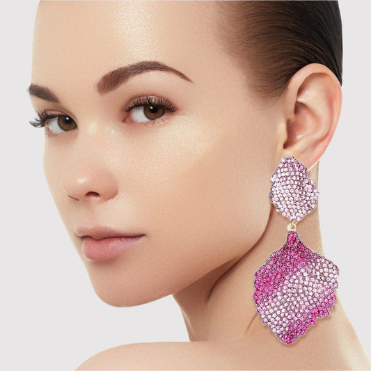 Wavy Petal Leaf Gold-Plated Earrings with Pink Rhinestones Pinktown