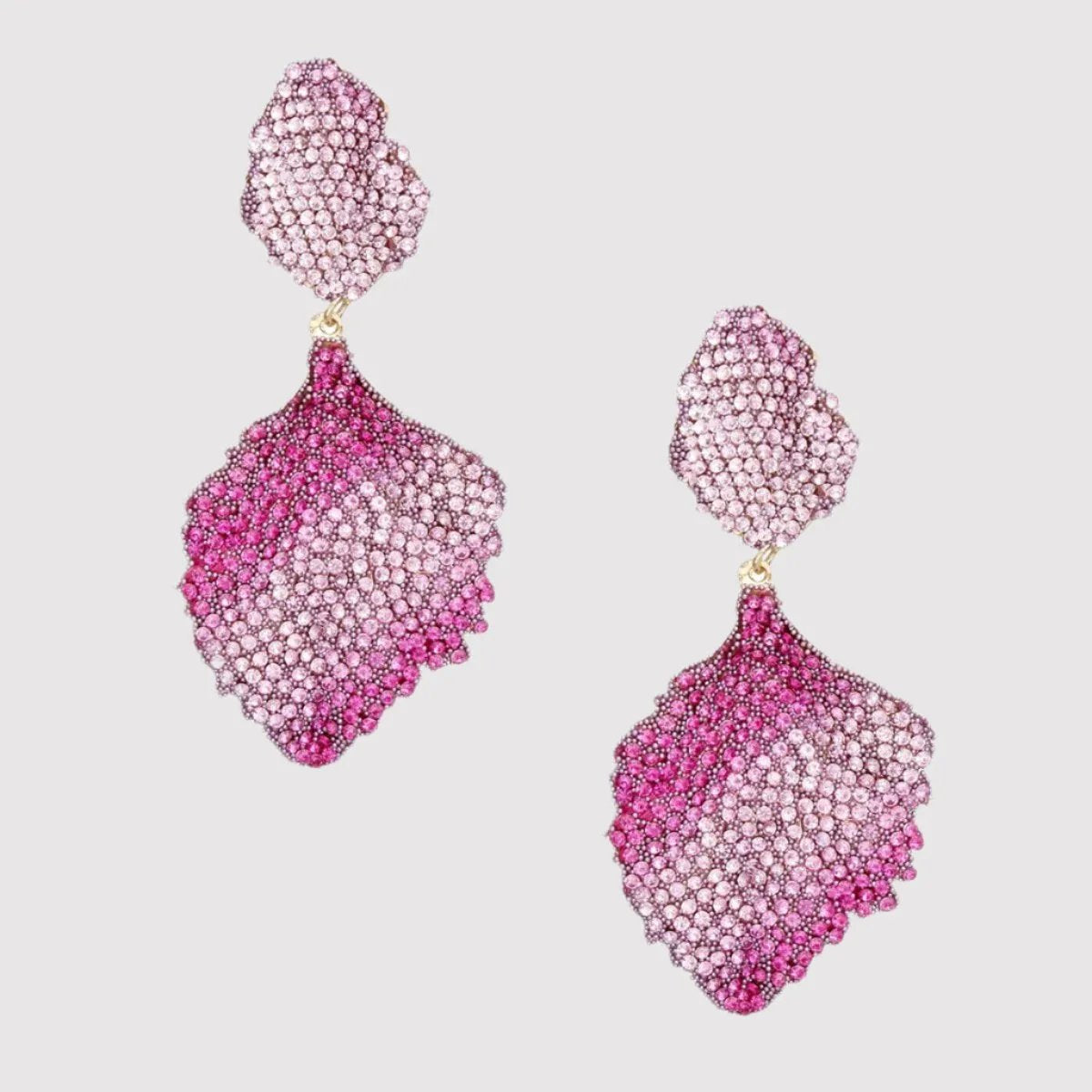 Wavy Petal Leaf Gold-Plated Earrings with Pink Rhinestones