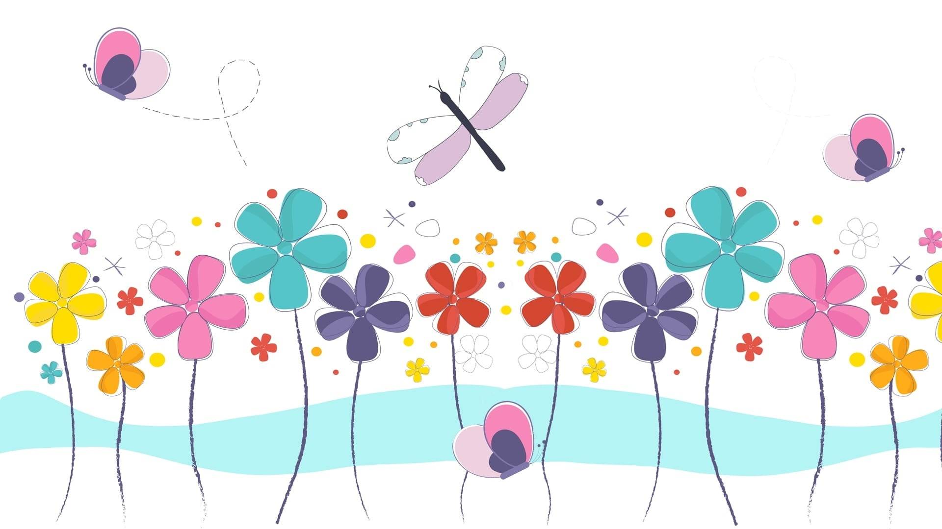 Whimsical summer floral banner with colorful flowers, butterflies, and dragonflies on a white background, designed for Jewelry Bubble’s July homepage hero image.