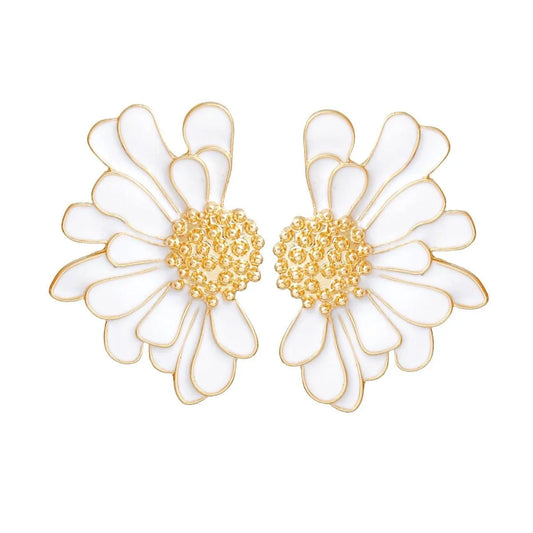 White Daisy Earrings Gold Tone: Botanical Fashion Jewelry Pinktown