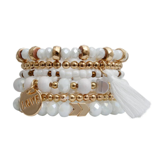 White Stretch Bracelet Set Tassel Love Charm Jewelry Bubble