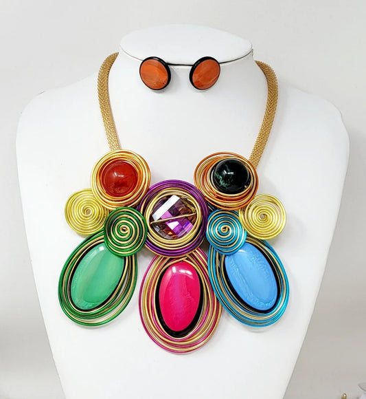 Women's Bib Necklace Set - Vibrant Multicolor Statement Jewelry with Chunky Design Jewelry Bubble