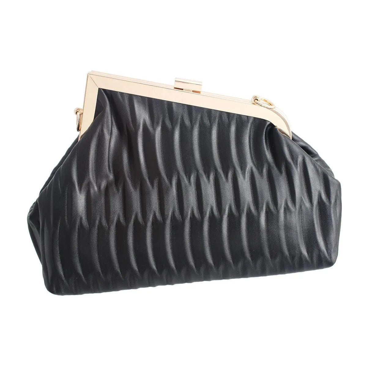 Women's Black Ribbed Angled Frame Clutch Bag Jewelry Bubble