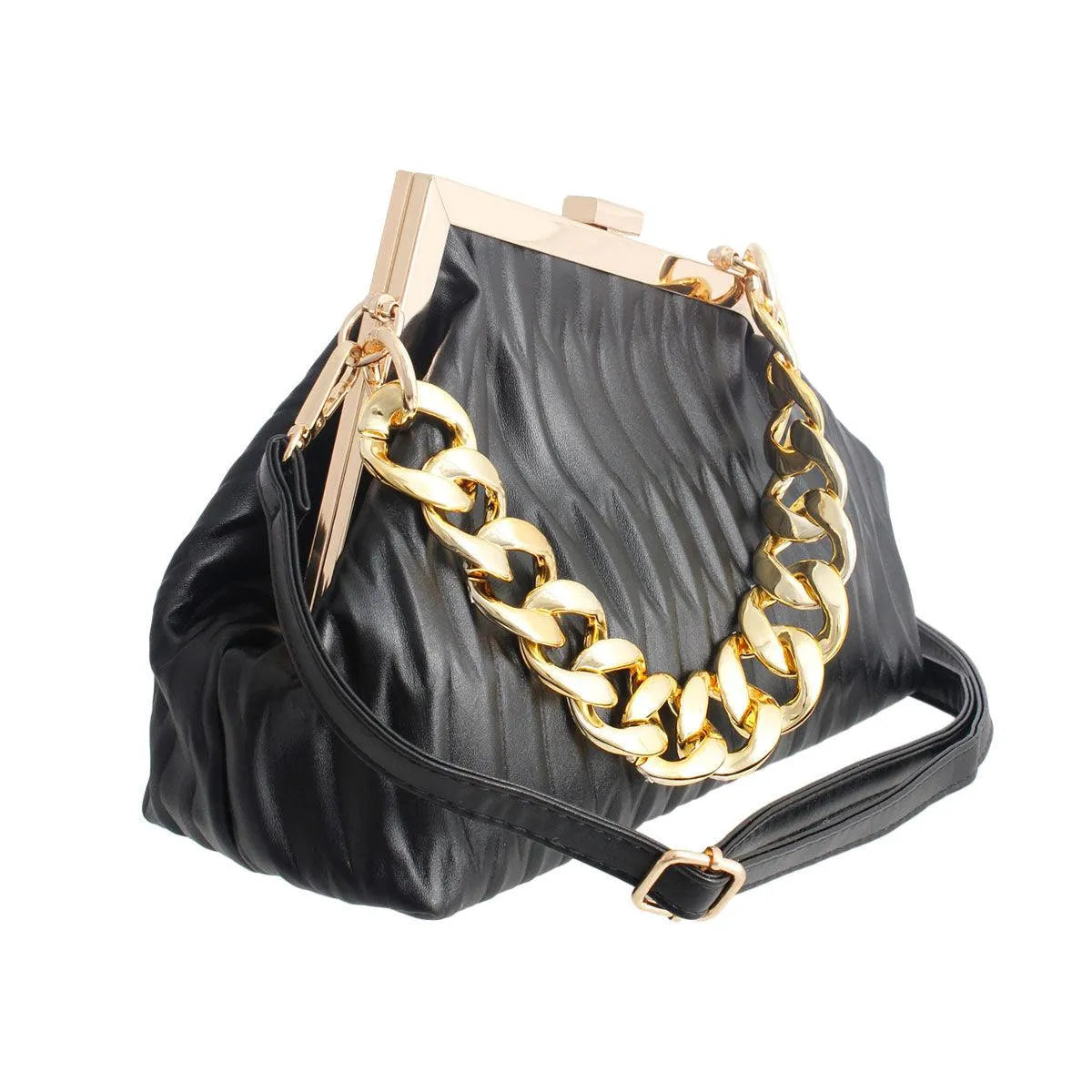 Women's Black Ribbed Angled Frame Clutch Bag Jewelry Bubble