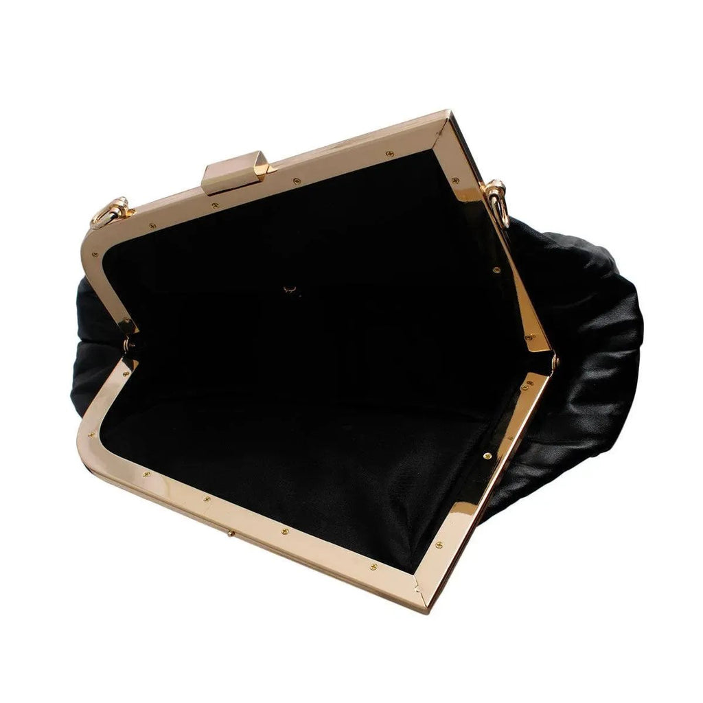 Women's Black Ribbed Angled Frame Clutch Bag
