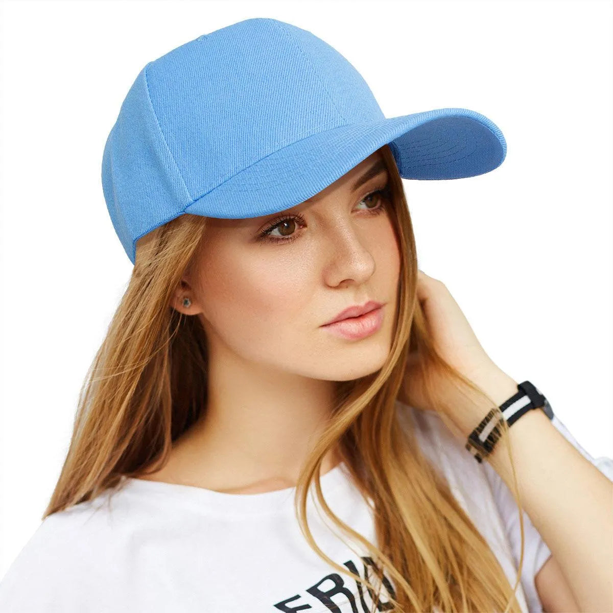 Women’s Blue Baseball Hat – Canvas 5 Panel Cap, Solid Color with Velcro Strap Jewelry Bubble