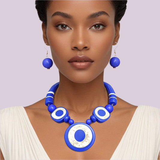 Women's Fashion Jewelry - Royal Blue Buffalo Horn Necklace Earrings Jewelry Bubble