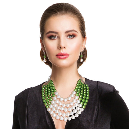 Women's Faux Pearl Green Cream Necklace Set Jewelry Bubble