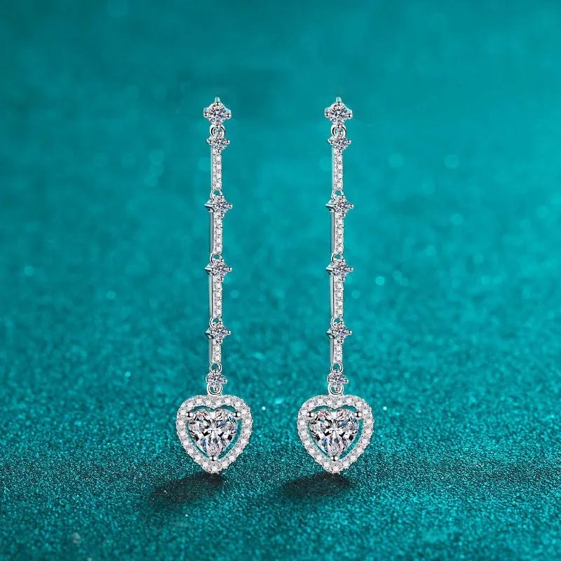 Women's Moissanite and Zircon Silver Heart Drop Earrings