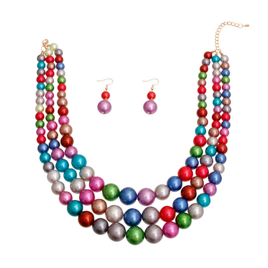 Women's Multi-Strand Pearl Necklace & Earrings: Dark Kaleidoscope Pinktown