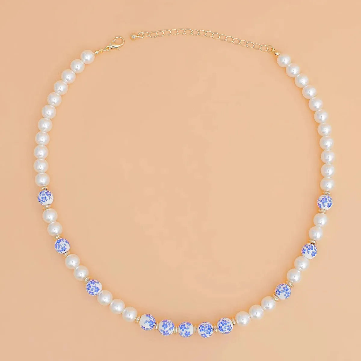 Women's Necklace with Cream, Pearl, and Blue Hand-Painted Beads Inspired by Chinese Art Jewelry Bubble