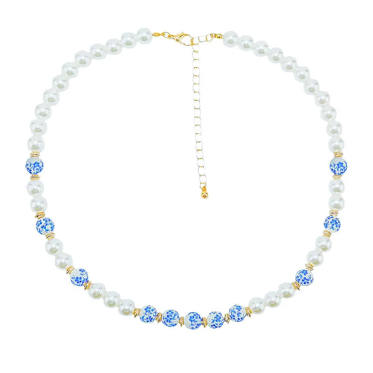 Women's Necklace with Cream, Pearl, and Blue Hand-Painted Beads Inspired by Chinese Art Jewelry Bubble