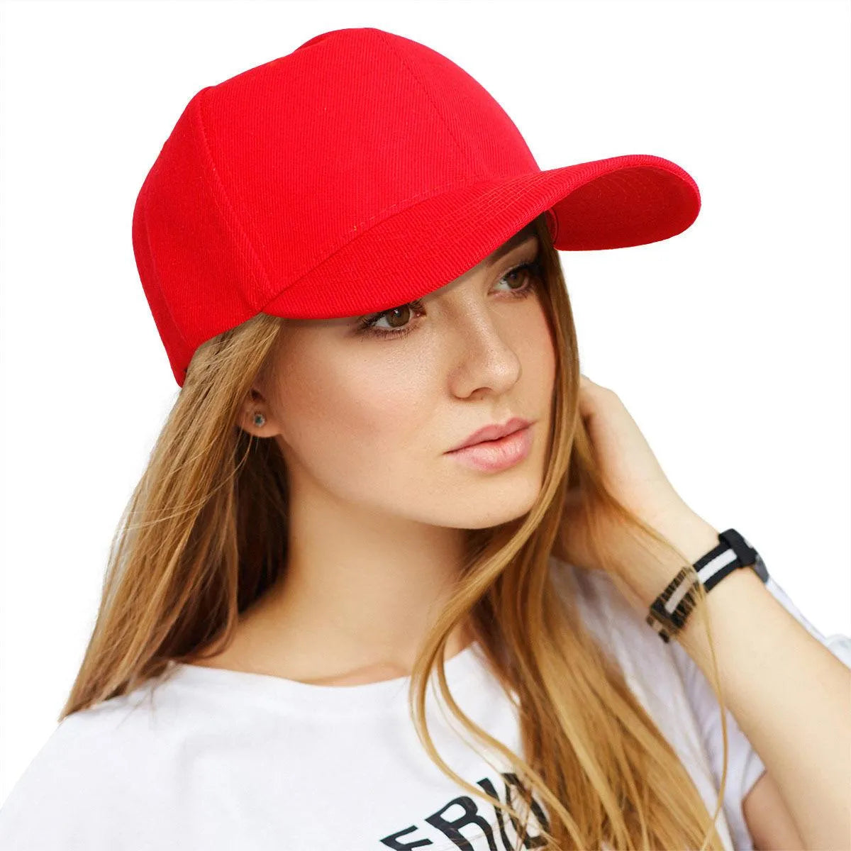 Women’s Red Baseball Hat – Canvas 5 Panel Cap, Solid Color with Velcro Strap Jewelry Bubble