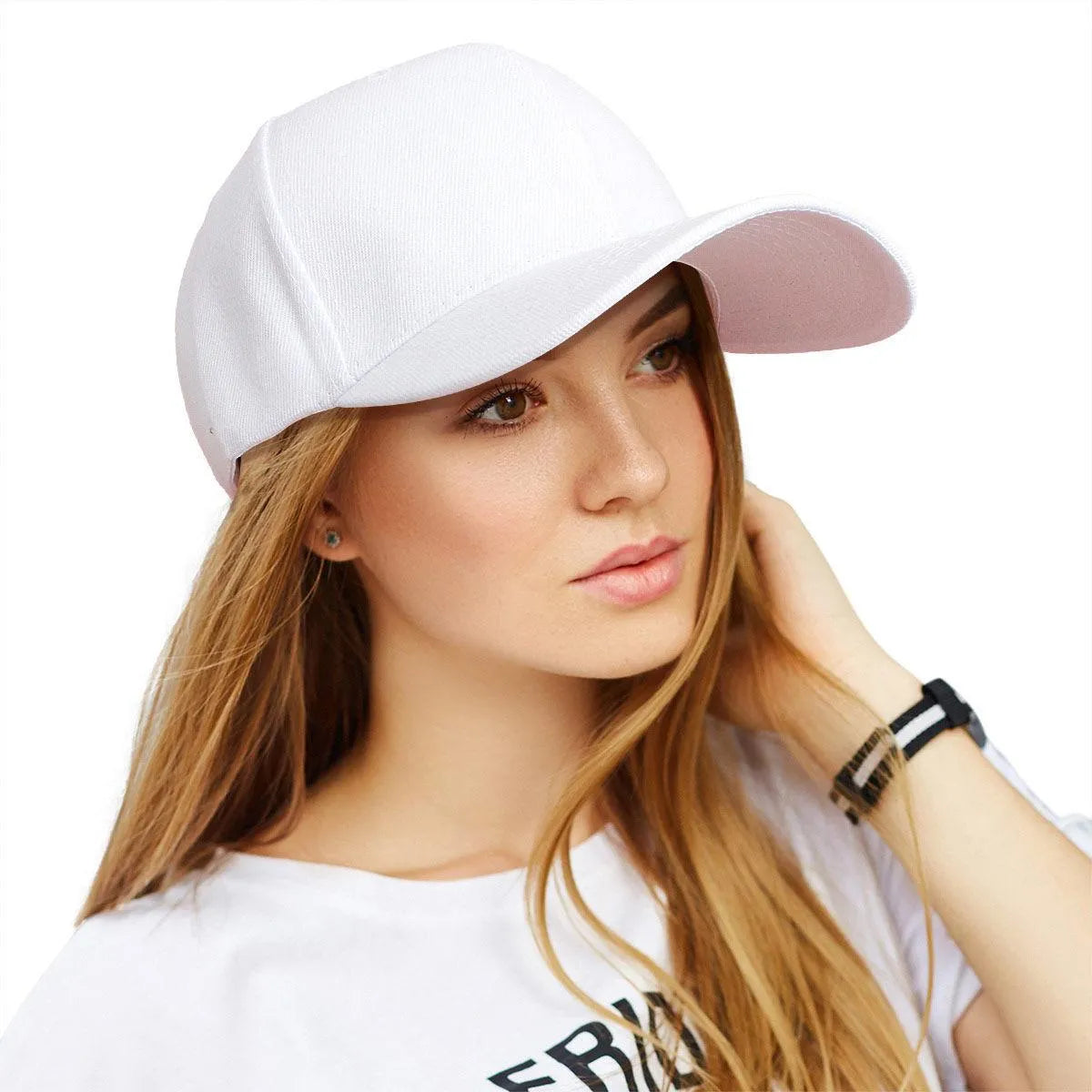 Women’s White Baseball Hat – Canvas 5 Panel Cap, Solid Color with Velcro Strap Jewelry Bubble