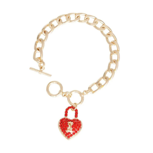 Yellow Gold Plated Chain Bracelet w/ Red Lock Heart Charm Jewelry Bubble