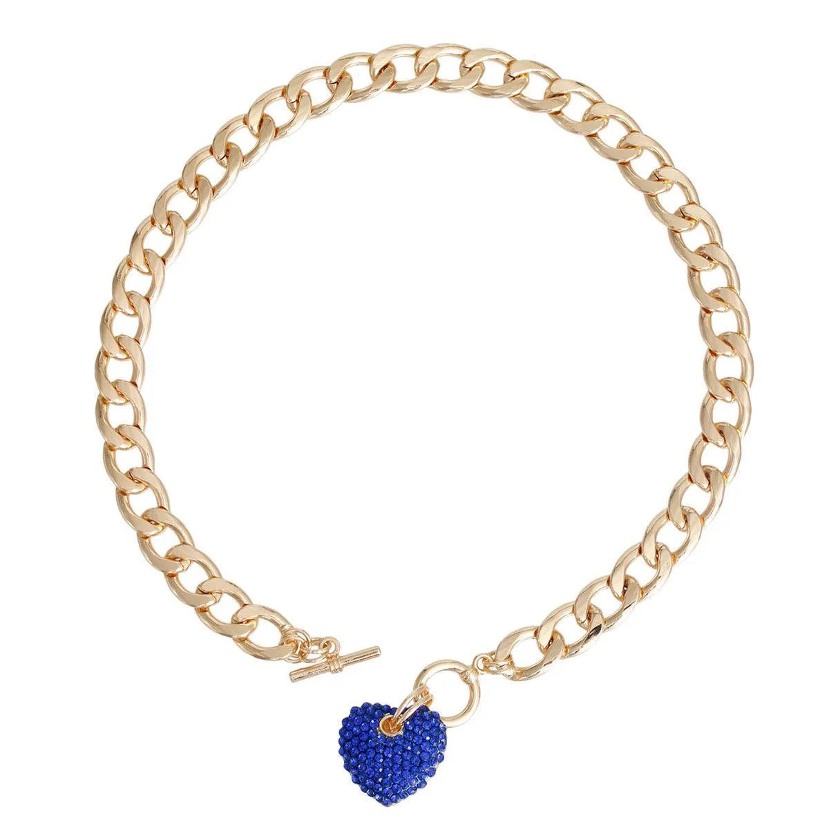 Yellow Gold Plated Chain Necklace Blue Heart Charm Jewelry Bubble