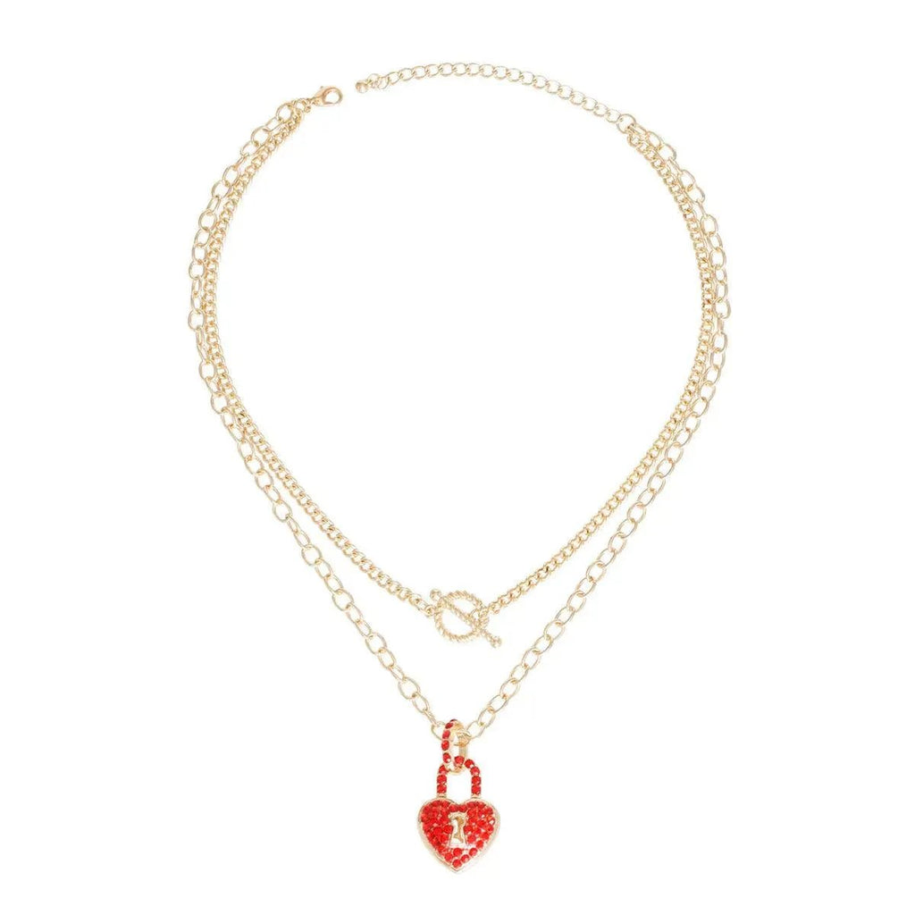 Yellow Gold Plated Chain Necklace w/ Red Lock Heart Charm