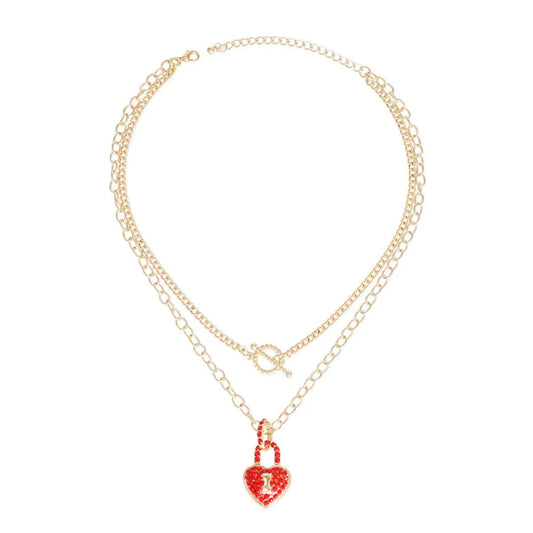 Yellow Gold Plated Chain Necklace w/ Red Lock Heart Charm Jewelry Bubble