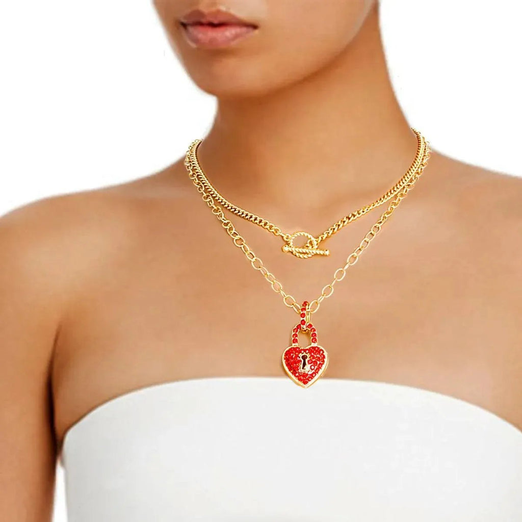 Yellow Gold Plated Chain Necklace w/ Red Lock Heart Charm