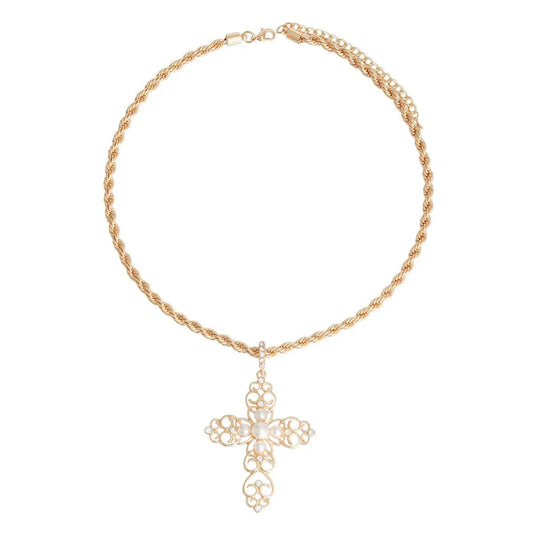 Yellow Gold Plated Filigree Cross Necklace Faux Pearls Jewelry Bubble