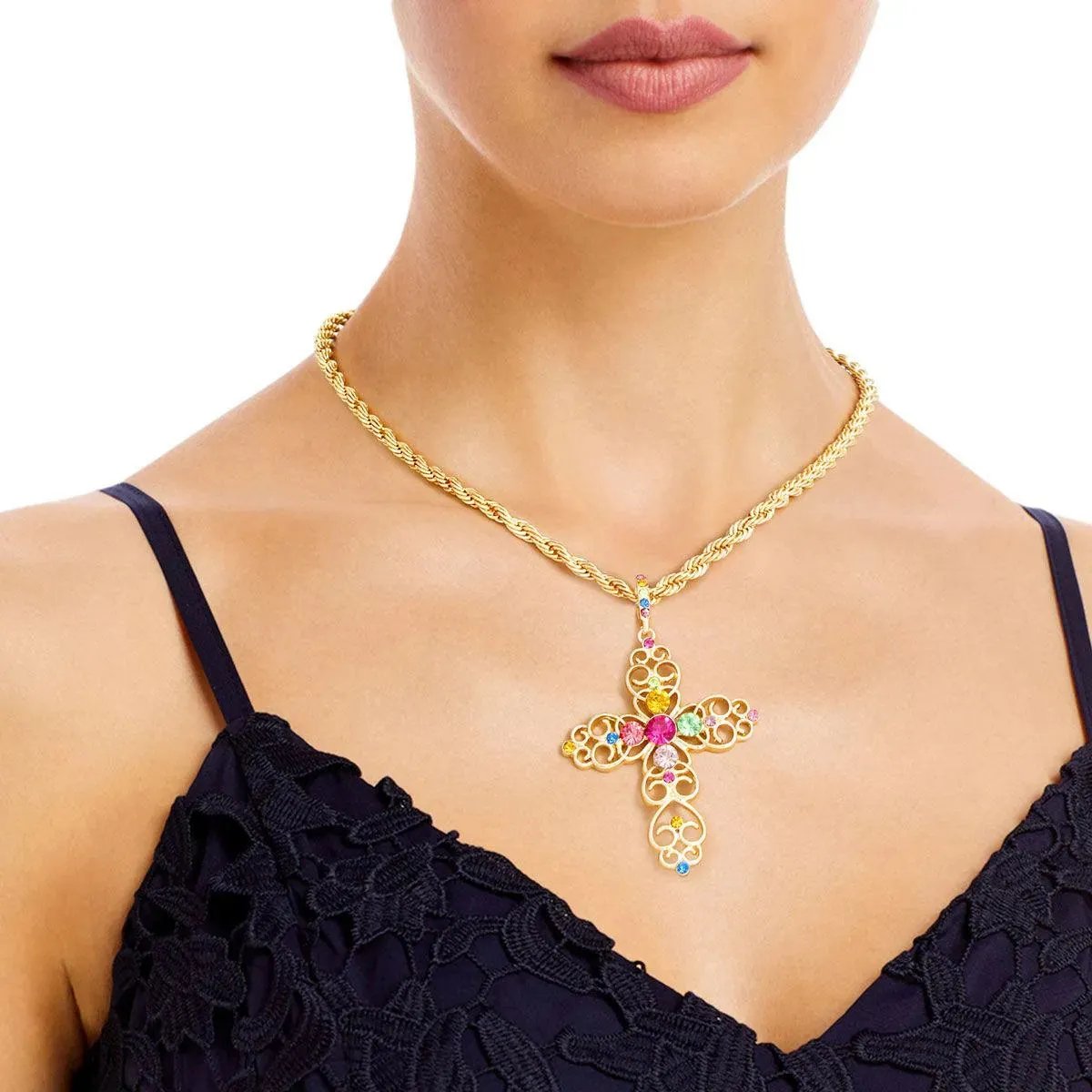 Yellow Gold Plated Filigree Cross Necklace Multicolor