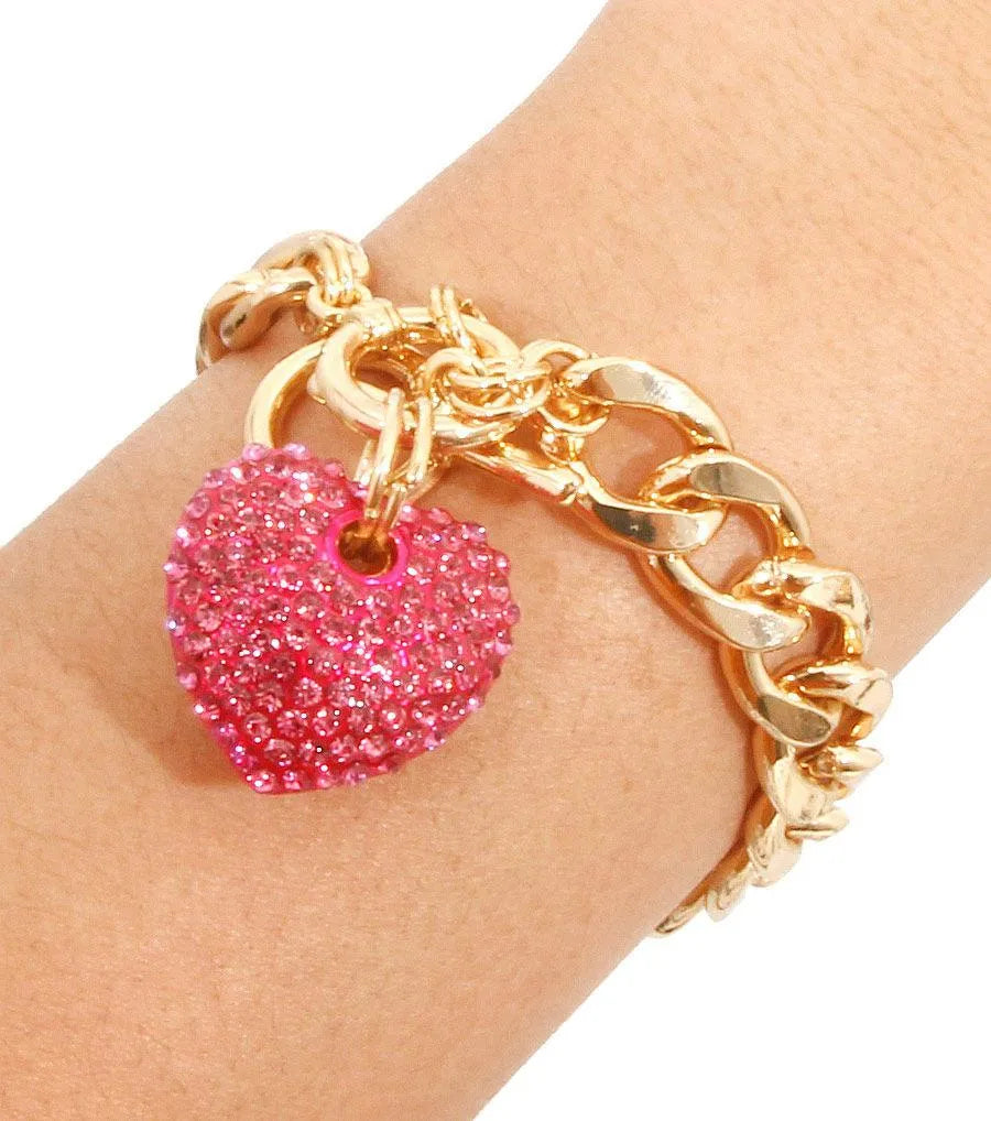 Yellow Gold Plated Link Chain Bracelet Pink Heart Charm Jewelry Bubble