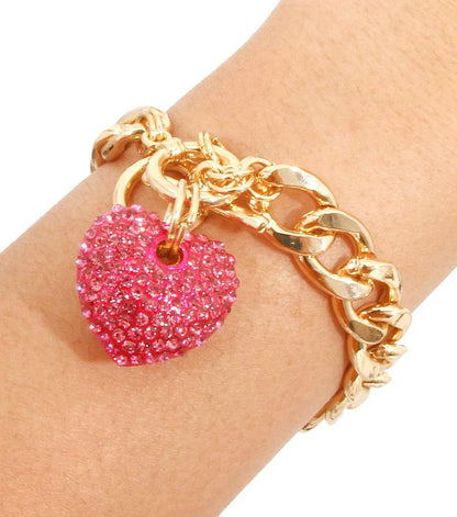 Yellow Gold Plated Link Chain Bracelet Pink Heart Charm Jewelry Bubble