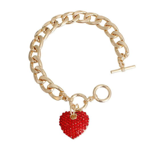 Yellow Gold Plated Link Chain Bracelet Red Heart Charm Jewelry Bubble