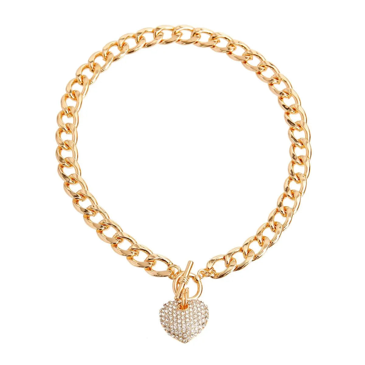 Yellow Gold Plated Link Chain Necklace Clear Heart Charm Jewelry Bubble