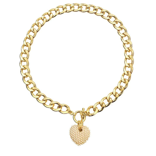 Yellow Gold Plated Link Chain Necklace Cream Faux Pearl Heart Charm Jewelry Bubble