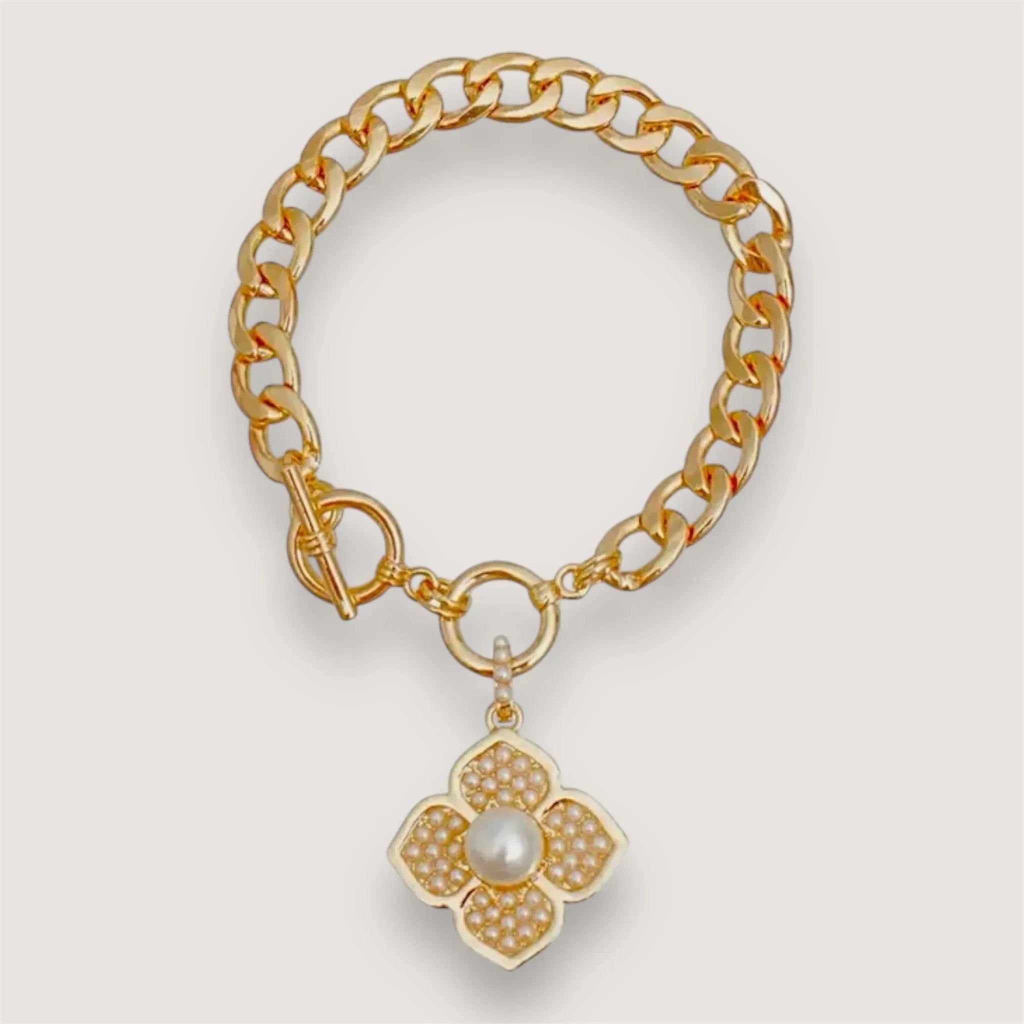 Yellow Gold Tone Flower Station Charm Bracelet