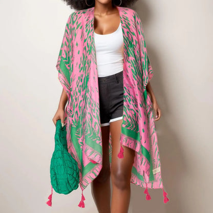 Your Go-To Kimono Cover: Open Front, Pink/Green Animal Print Jewelry Bubble