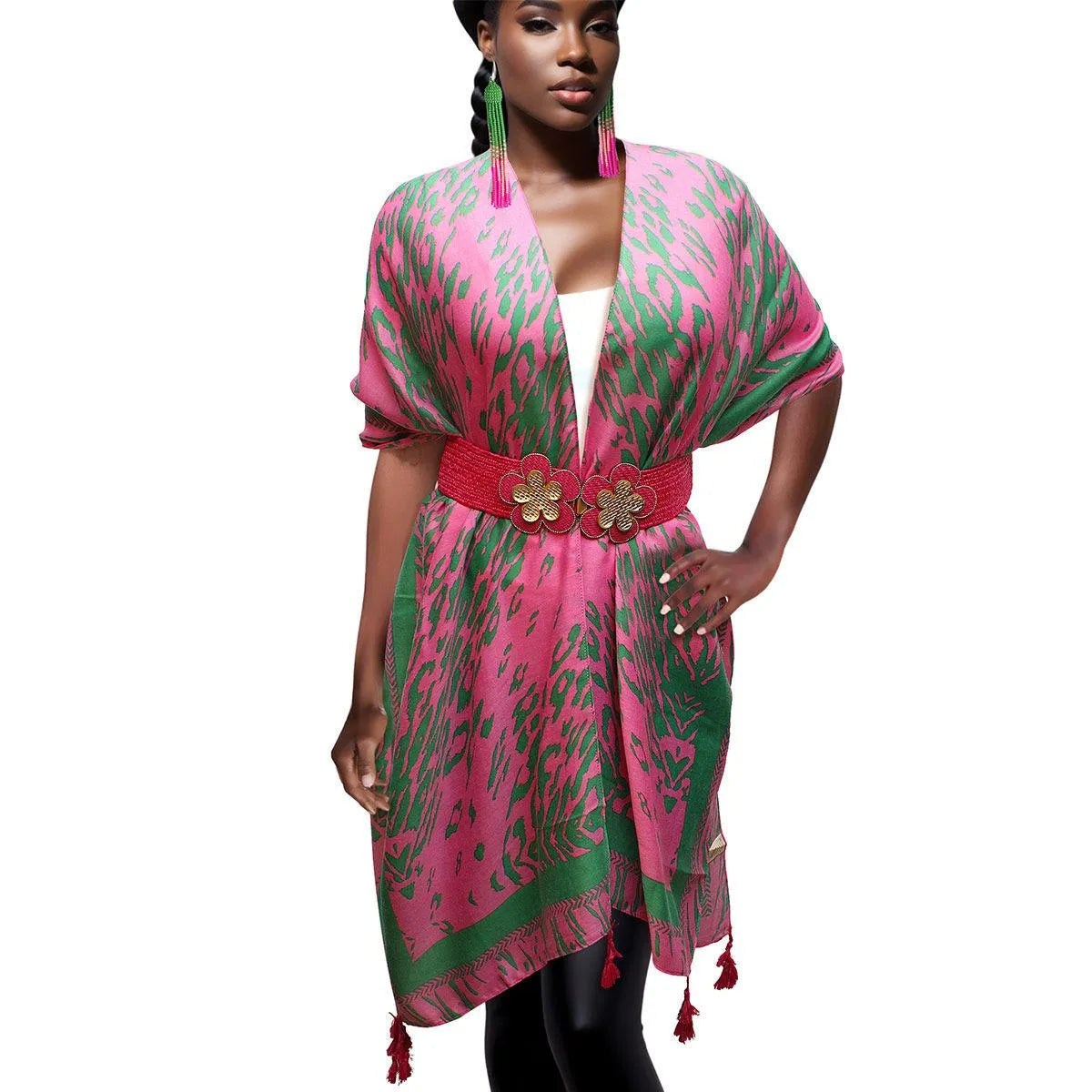 Your Go-To Kimono Cover: Open Front, Pink/Green Animal Print Jewelry Bubble