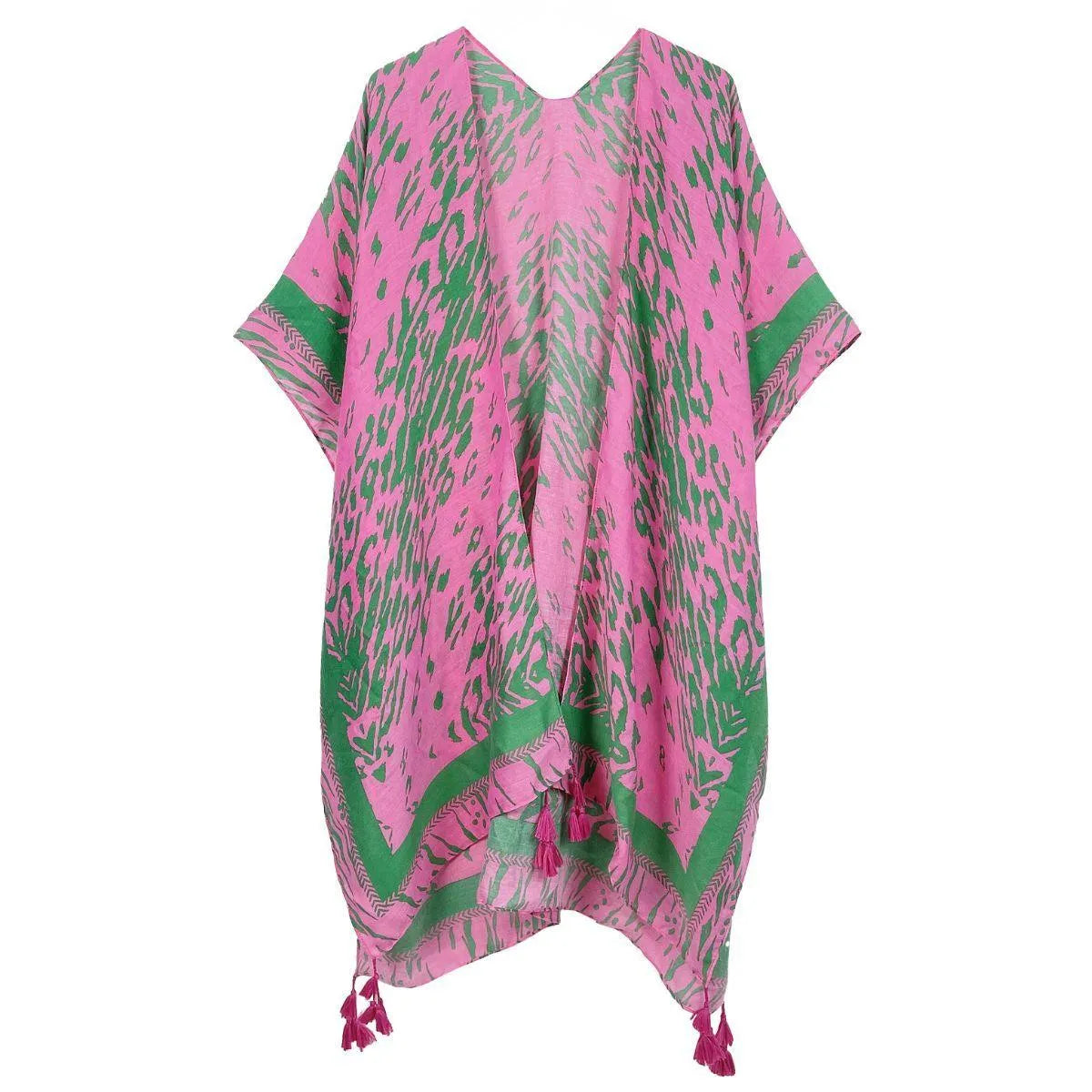 Your Go-To Kimono Cover: Open Front, Pink/Green Animal Print Jewelry Bubble