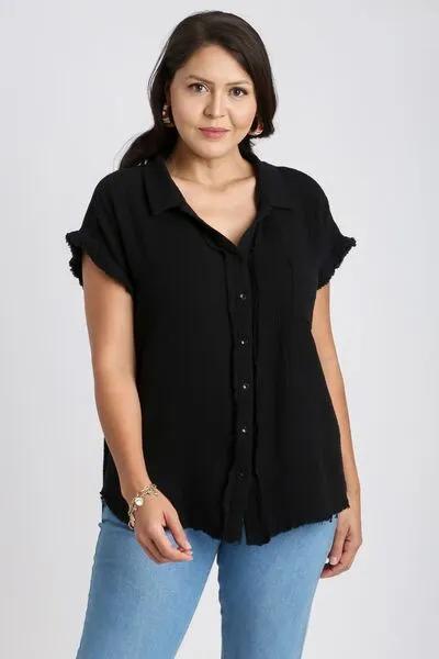 Black Frayed Hem Collared Neck Short Sleeve Shirt for Women - Shop Now