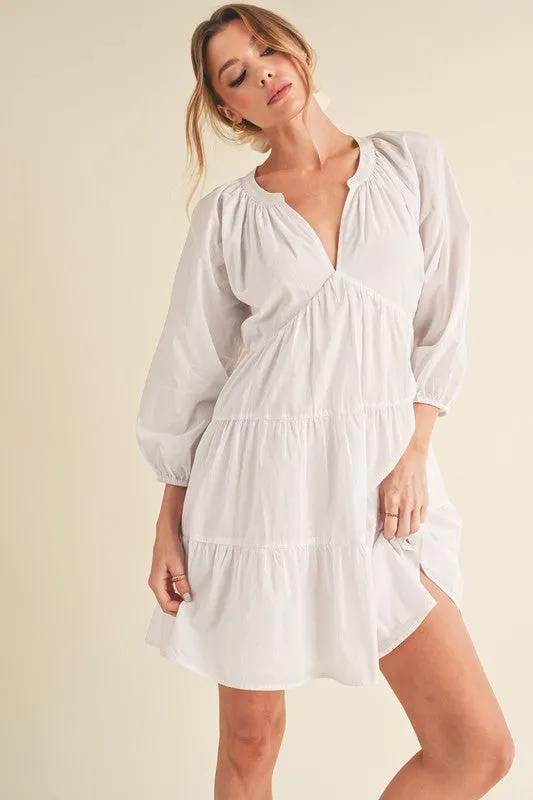 Notched Balloon Sleeve Tiered Mini Dress