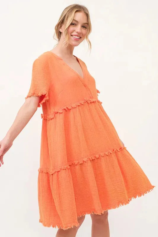 Washed Frayed Detail Tiered Orange Dress – Effortless, Trendy Everyday Style