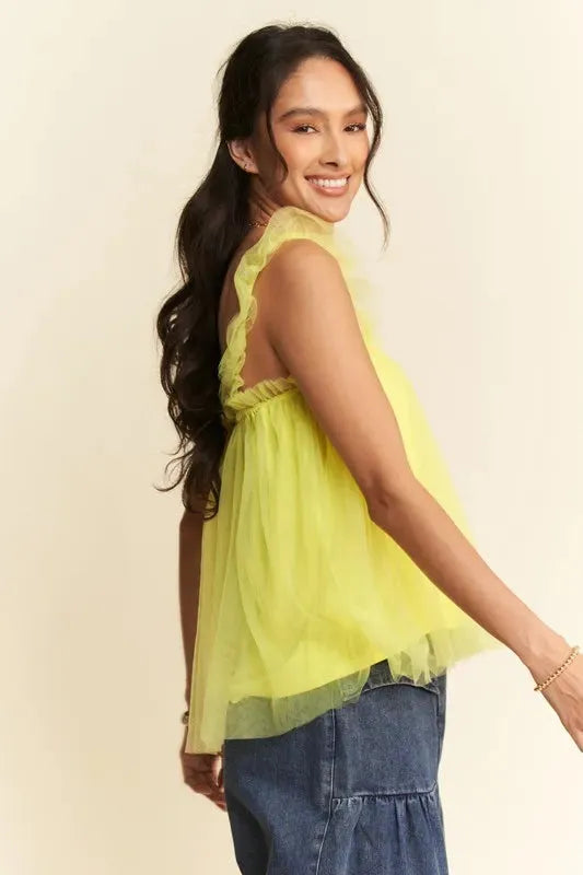 Shirred Ruffle Strap Tulle Babydoll Top: Whimsical Elegance