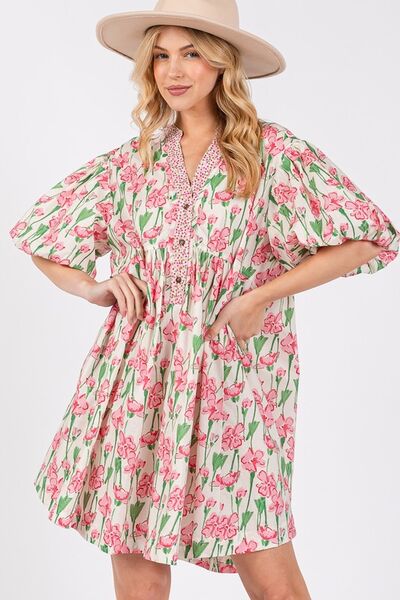 Floral Half Button Notched Puff Sleeve Pink Dress - Shop This Stylish Look Today Trendsi