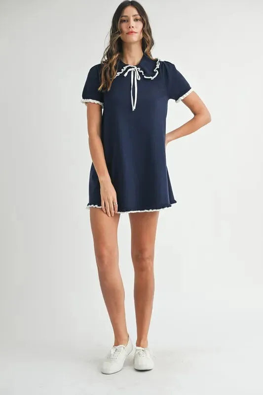 Ruffle Trimmed Collar Fine Knit Mini Dress – Sophisticated & Chic