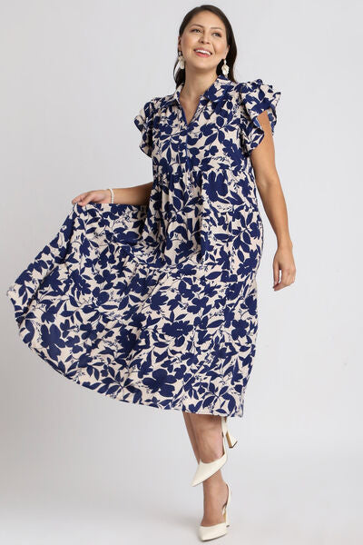 Floral Collared Ruffle Cap Sleeve Midi Dress Trendsi