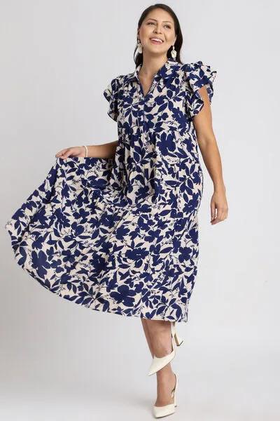 Floral Collared Ruffle Cap Sleeve Midi Dress