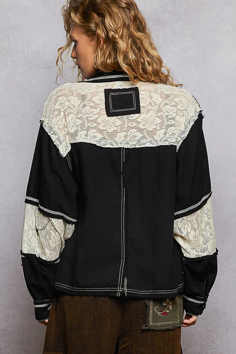 POL Printed Woven Mix Raw Hem Jacket with Lace Detail