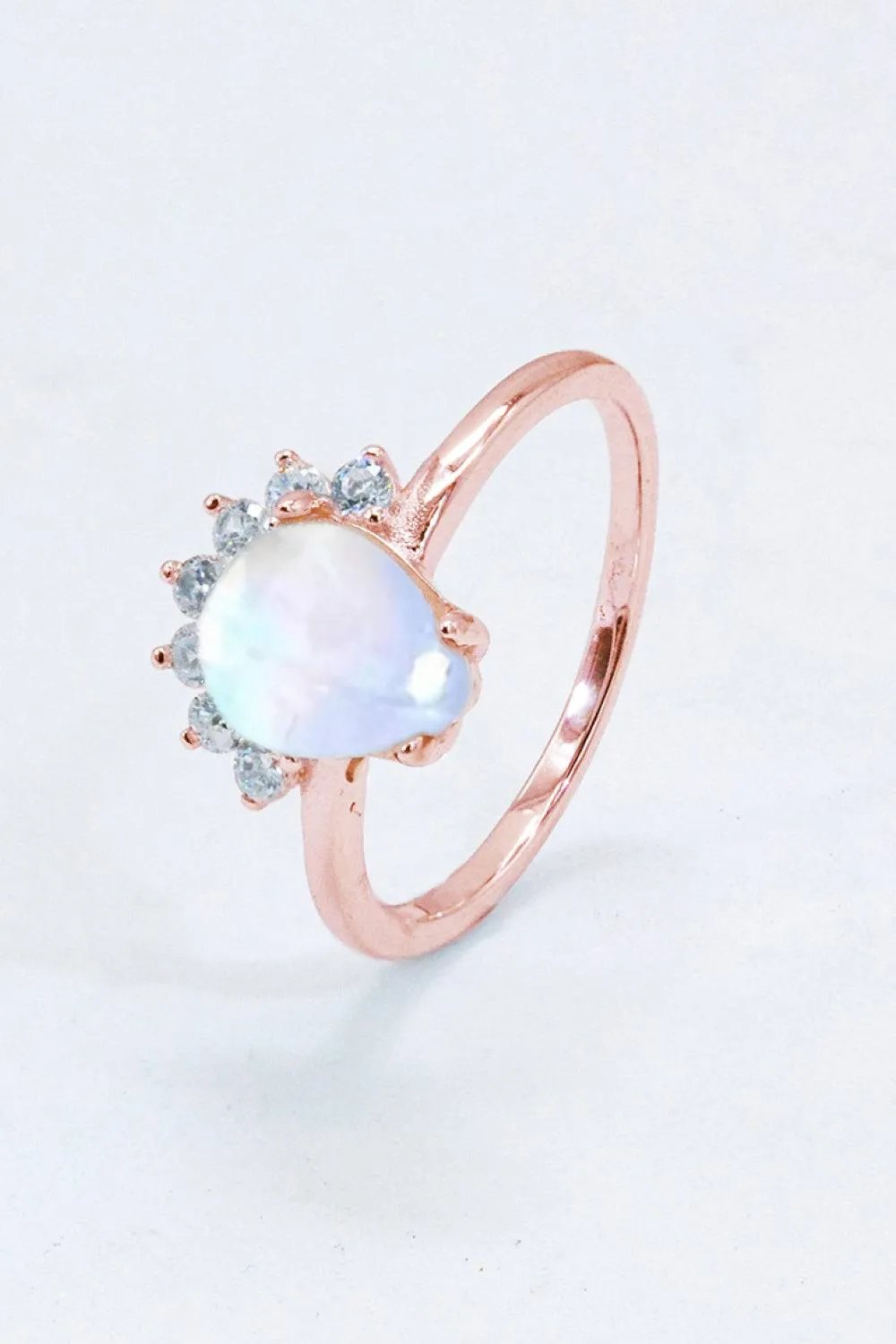 Sterling Silver Natural Moonstone Ring with Zircon Accents – Platinum or Rose Gold Plated