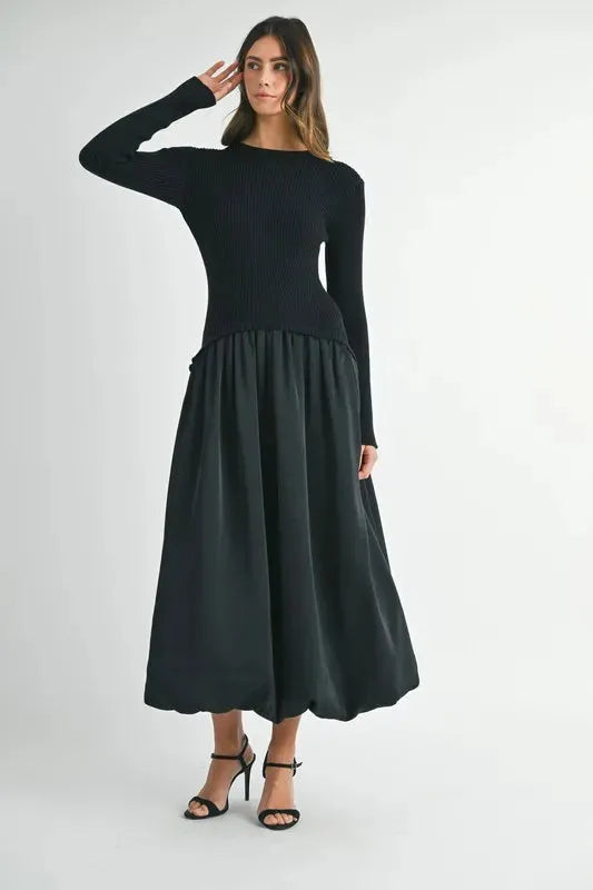 Black Ribbed Poplin Mix Midi Sweater Dress: Trendy and Versatile