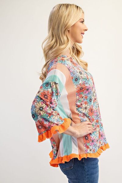 Ruffle Sleeve Floral Color Block Top Trendsi